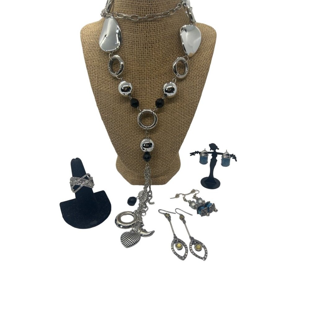 Silver Tone Jewelry Lot 5 Pieces Long Necklace Stretch Ring 3 Pair Earrings
